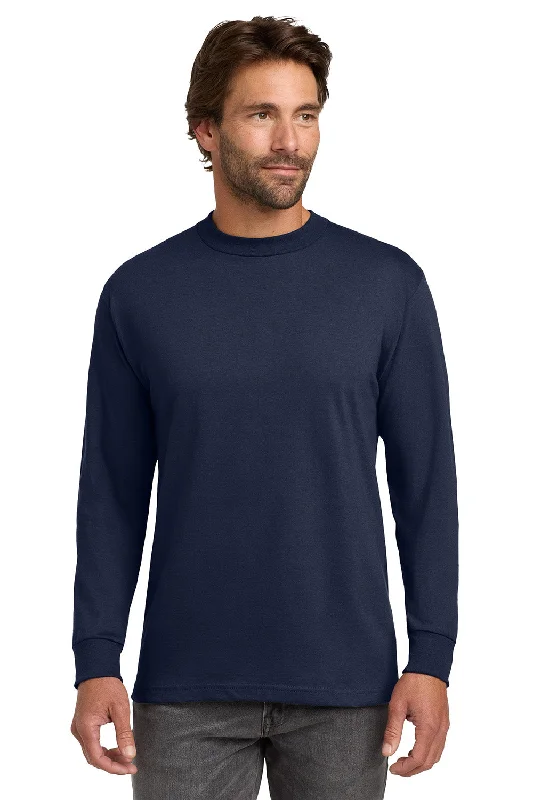 sporty short sleeve t-shirt with designs -Hanes Mens Beefy-T Long Sleeve Crewneck T-Shirt - Navy Blue