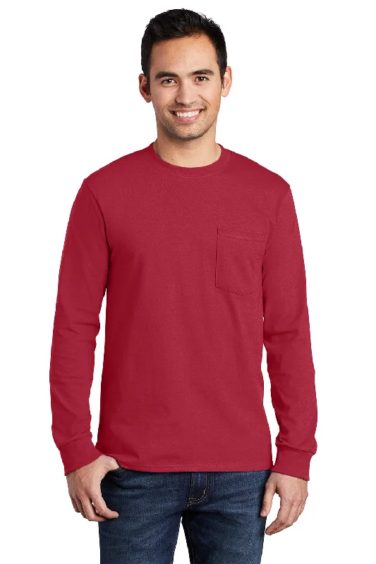 loose fit short sleeve workout shirt -Port & Company Mens Essential Long Sleeve Crewneck T-Shirt w/ Pocket - Red