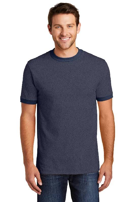 short sleeve t-shirt with geometric print -Port & Company Mens Core Ringer Short Sleeve Crewneck T-Shirt - Heather Navy Blue/Navy Blue - Closeout