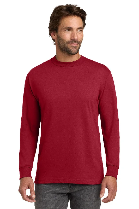 sporty short sleeve t-shirt with designs -Hanes Mens Beefy-T Long Sleeve Crewneck T-Shirt - Deep Red