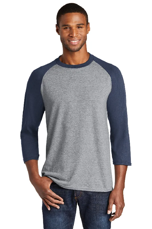 trendy graphic t-shirt for school -Port & Company Mens Core Moisture Wicking 3/4 Sleeve Crewneck T-Shirt - Heather Grey/Navy Blue