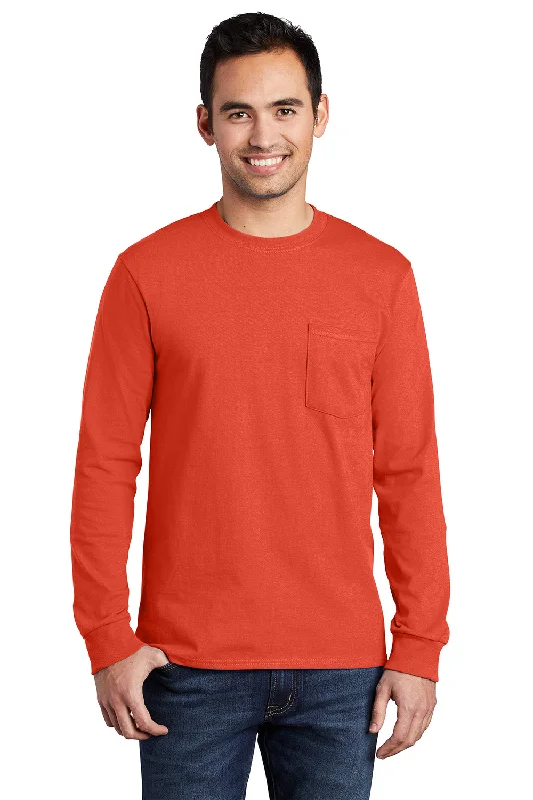 cool short sleeve t-shirt for school -Port & Company Mens Essential Long Sleeve Crewneck T-Shirt w/ Pocket - Orange