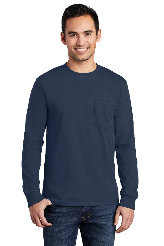 short sleeve t-shirt for light outdoor activity -Port & Company Mens Essential Long Sleeve Crewneck T-Shirt w/ Pocket - Navy Blue