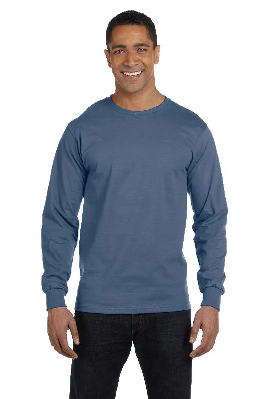 short sleeve shirt with fashionable prints -Hanes Mens Beefy-T Long Sleeve Crewneck T-Shirt - Denim Blue