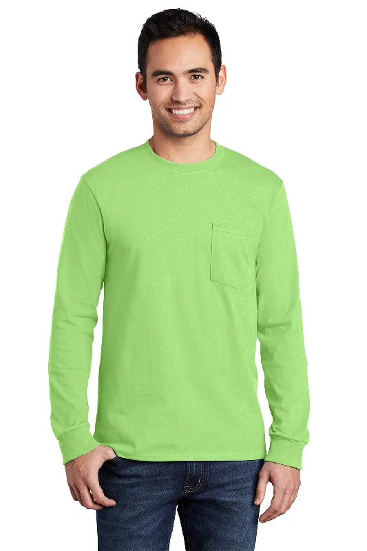 loose-fit short sleeve t-shirt for leisure -Port & Company Mens Essential Long Sleeve Crewneck T-Shirt w/ Pocket - Lime Green