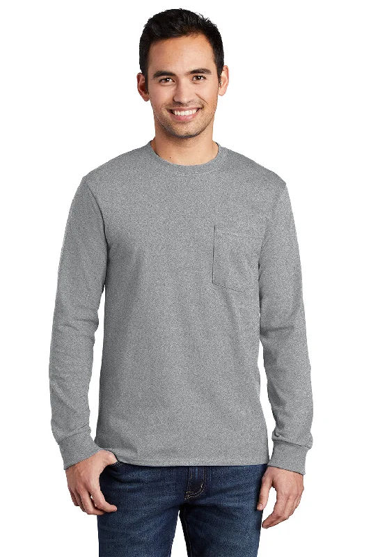 soft cotton short sleeve t-shirt for everyday wear -Port & Company Mens Essential Long Sleeve Crewneck T-Shirt w/ Pocket - Heather Grey