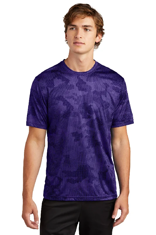 relaxed short sleeve shirt for work -Sport-Tek Mens CamoHex Moisture Wicking Short Sleeve Crewneck T-Shirt - Purple