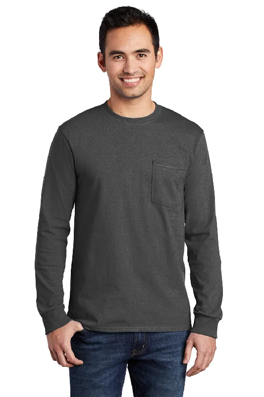 summer-ready graphic short sleeve t-shirt -Port & Company Mens Essential Long Sleeve Crewneck T-Shirt w/ Pocket - Charcoal Grey