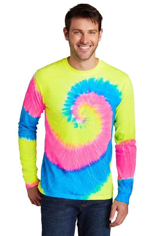 short sleeve t-shirt with bold graphics -Port & Company Mens Tie-Dye Long Sleeve Crewneck T-Shirt - Neon Rainbow