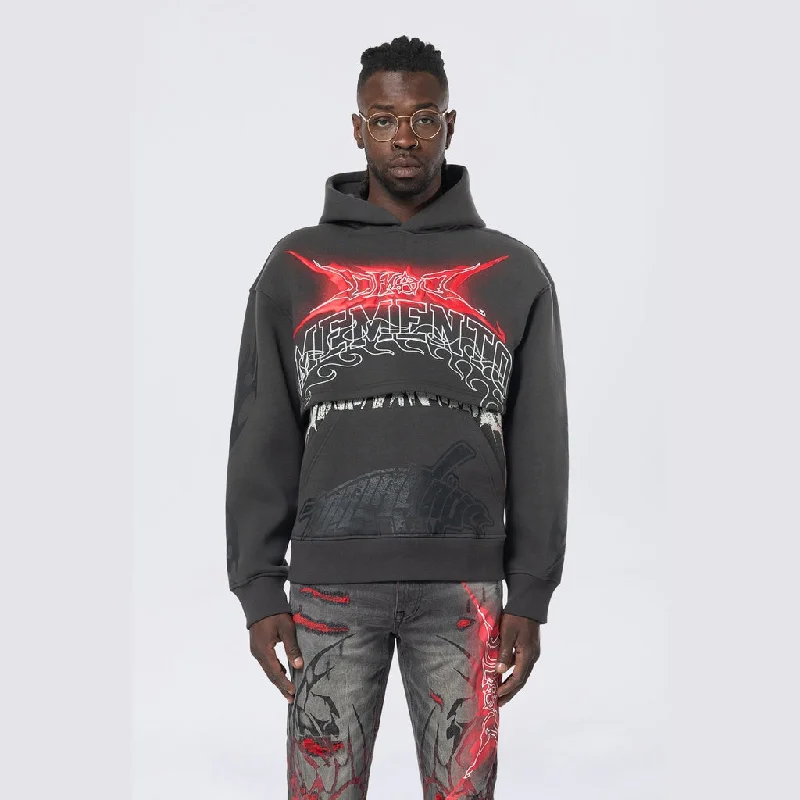 hoodie with custom designs -Dropped Shoulder 2-Fer Dystopian Hoodie - Graphite