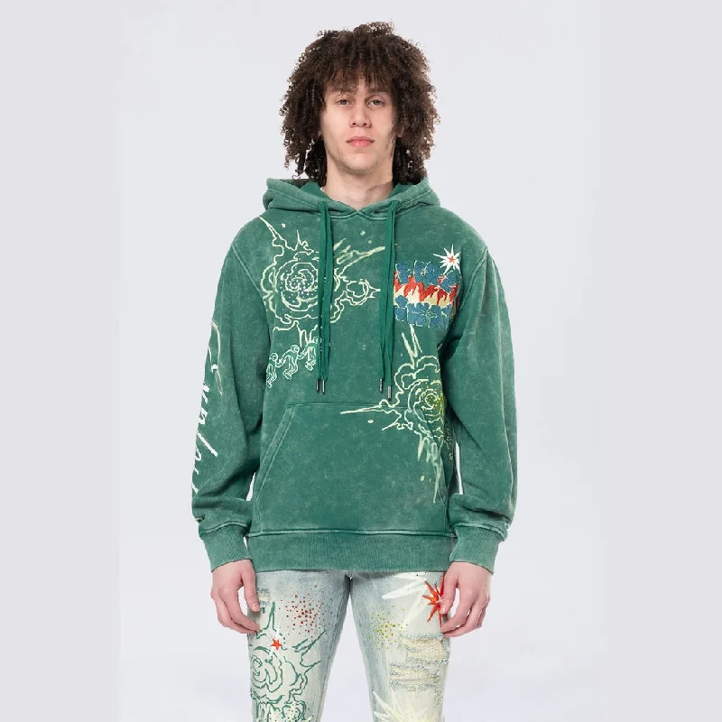 hoodie with fleece lining -Rhinestone Dystopia Hoodie - Celtic Green