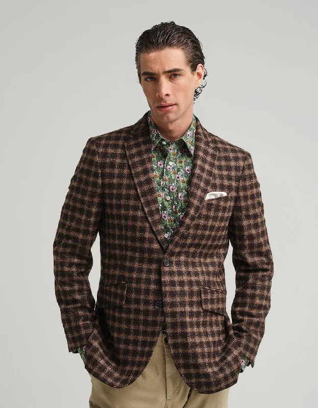 outdoor jacket with pockets-Brown & Black Gingham Jacket