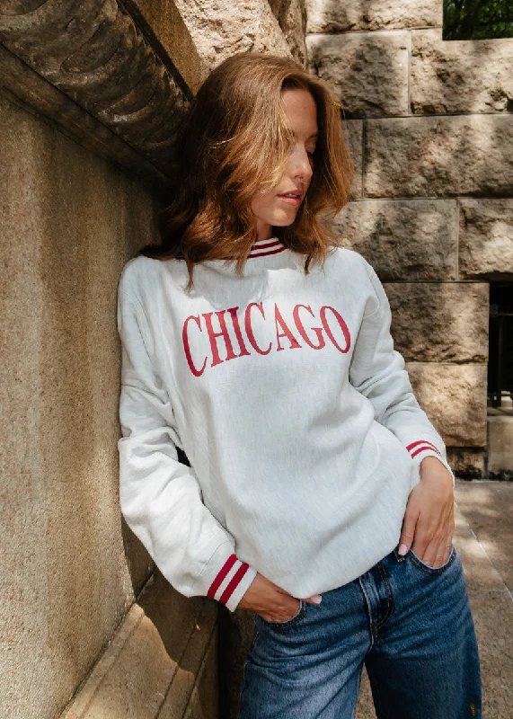 hoodie with graphic illustrations -Chicago Champion Striped Rib Crewneck - Cardinal