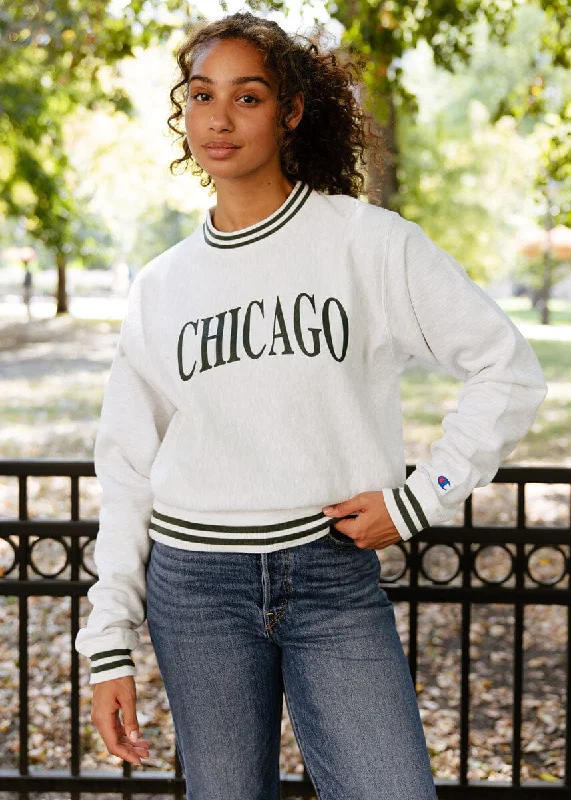 hoodie for nights out -Chicago Champion Striped Rib Crewneck - Green