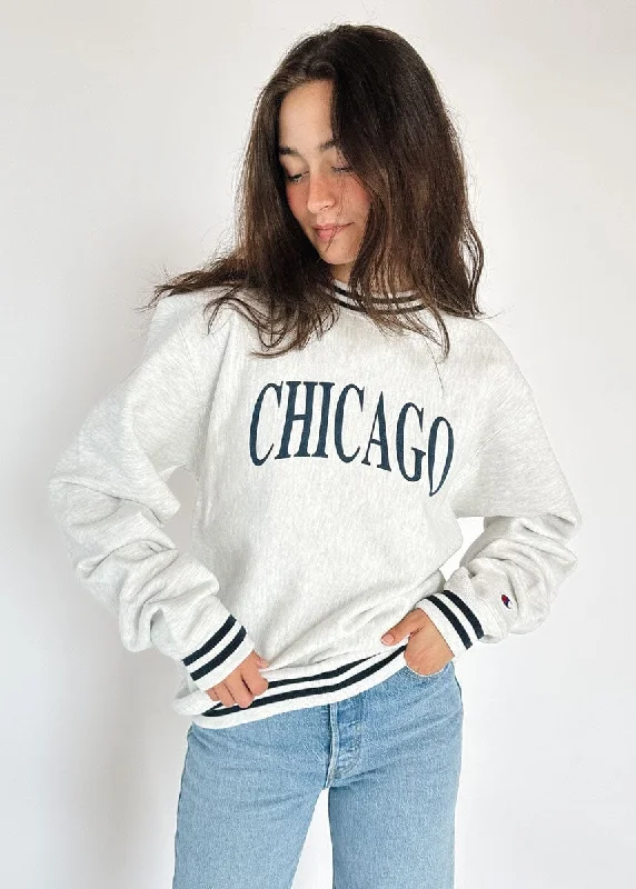 hoodie with multiple colors -Chicago Champion Striped Rib Crewneck - Midnight Navy