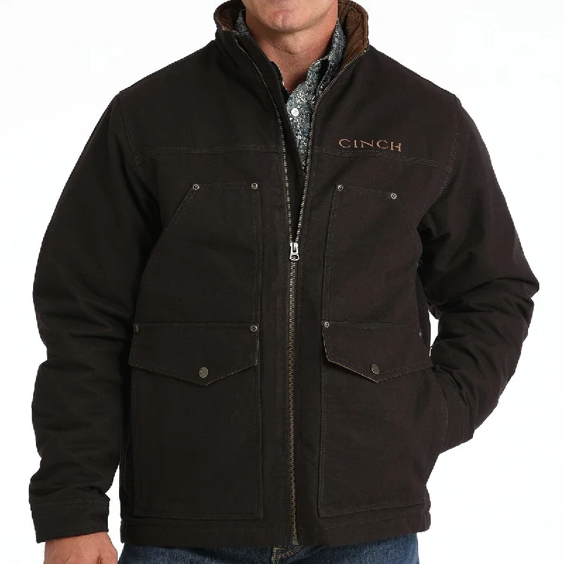 women’s puffer jacket with hood-Cinch Men's Logo Concealed Carry Canvas Jacket in Brown