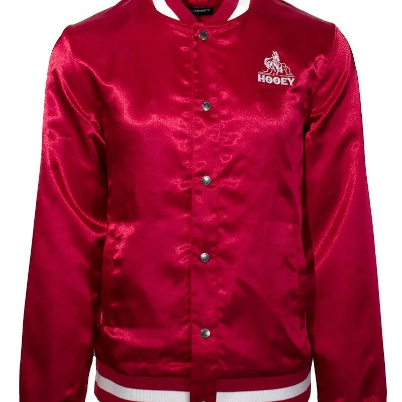 insulated jacket with zippers-Hooey Men's Branded Satin Bomber Jacket in Red & White