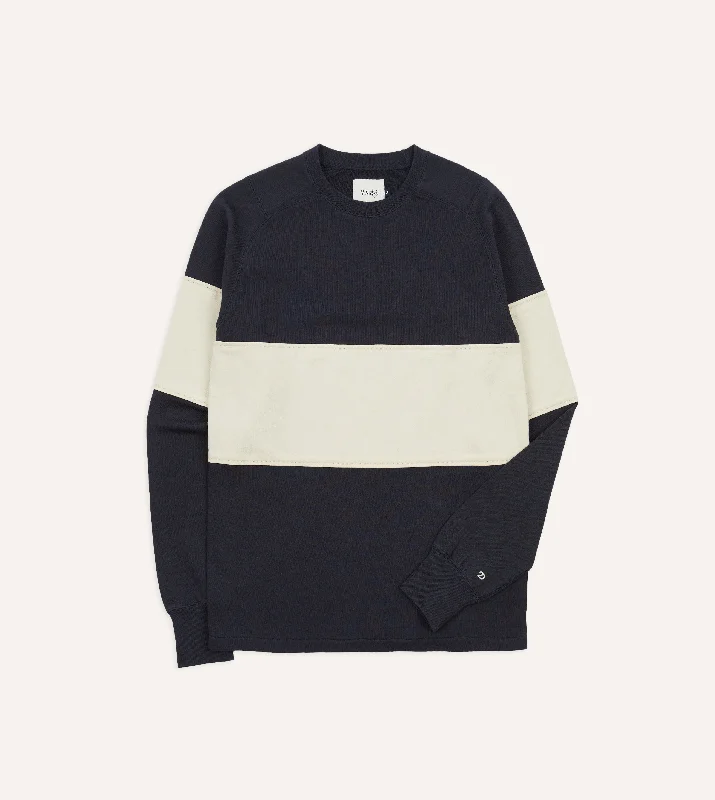 hoodie with ribbed texture -Navy and Ecru Panel Stripe Heavy Cotton Crew Neck Hiking T-Shirt