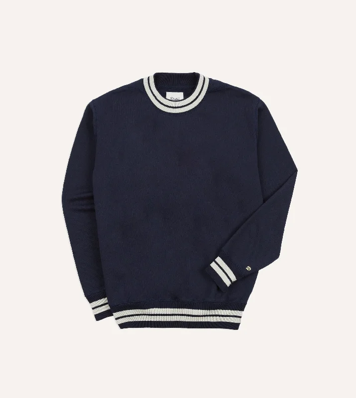 hoodie sweatshirt for men -Navy Striped Rib Cotton Jersey Sweatshirt