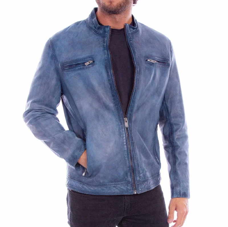 stylish winter coat for men-Scully Men's Front Zip Leather Jacket in Denim Blue