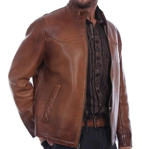 women’s winter jacket with pockets-Scully Men's Distressed Leather Sherpa Lined Jacket in Cognac