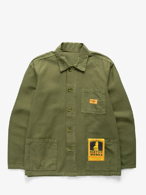 casual coat for cold weather-Service Works Canvas Coverall Jacket in Olive