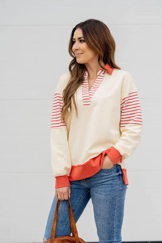 hoodie for extreme weather conditions -Stripe Accented Collar Sweatshirt