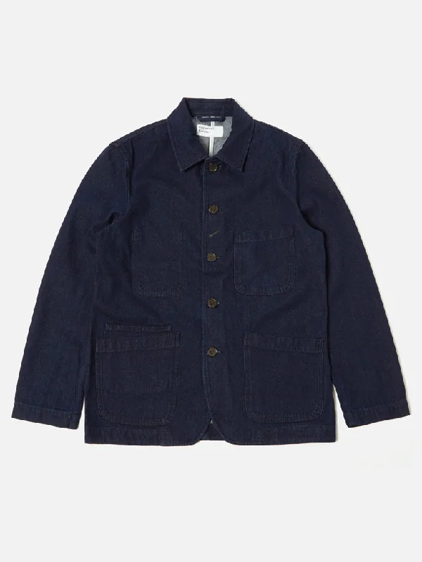 insulated winter jacket with hood-Universal Works Bakers Chore Jacket in Misato Denim Indigo