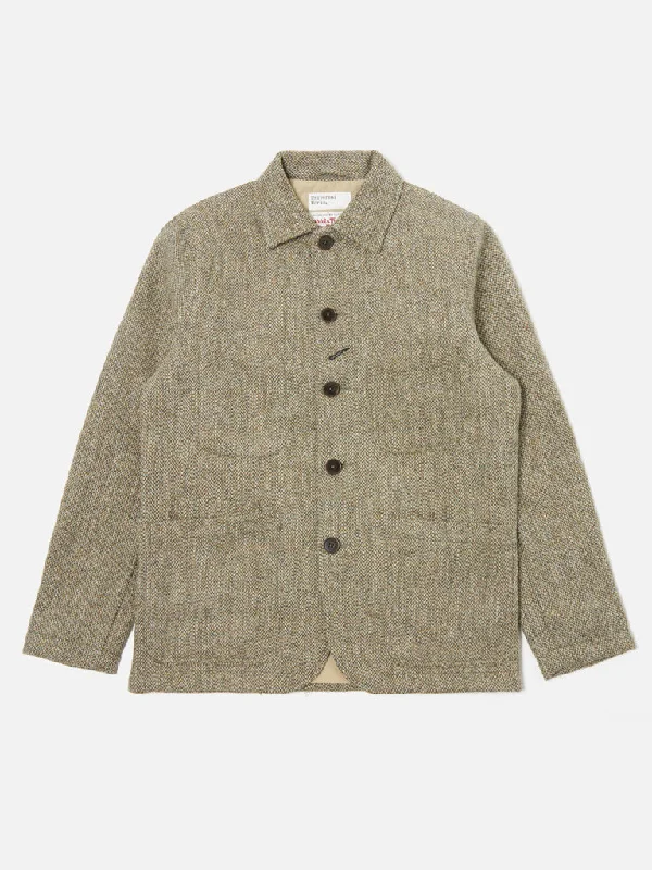 women’s winter jacket with pockets-Universal Works Harris Tweed Bakers Jacket in Olive