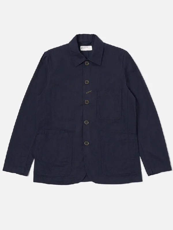 cold weather performance jacket-Universal Works Moleskin Bakers Jacket in Navy