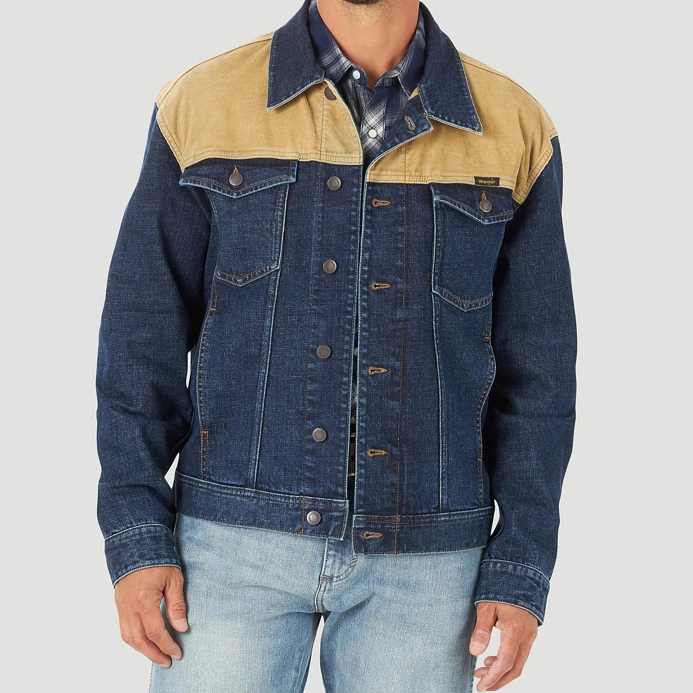 durable men’s winter jacket-Wrangler Men's Contrast Corduroy Yoke Unlined Denim Jacket-Tigers Eye