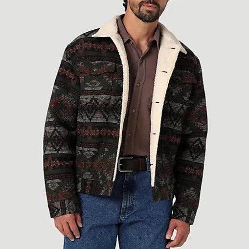 black stylish jacket for men-Wrangler Men's Sherpa Lined Jacquard Print Jacket in Olive