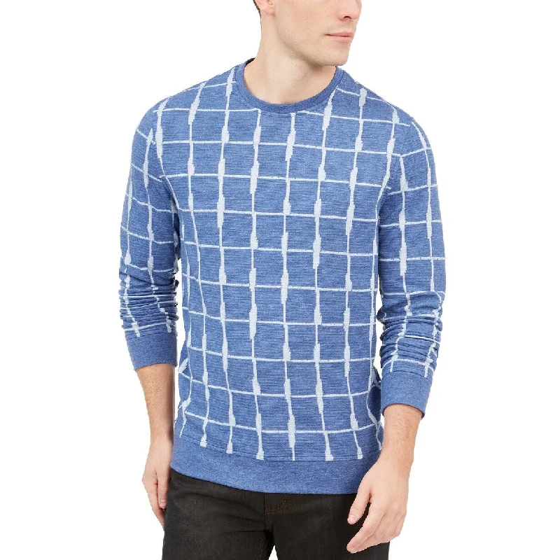 comfortable sweater for travel-Alfani Men's Jacquard Grid Sweatshirt Blue Size Small