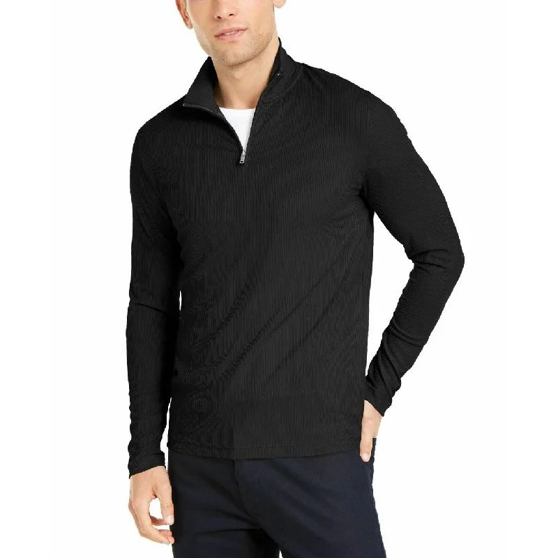 men's sweater with pockets-Alfani Men's Lightweight Ribbed Quarter-Zip Pullover Black Size XL - X-Large