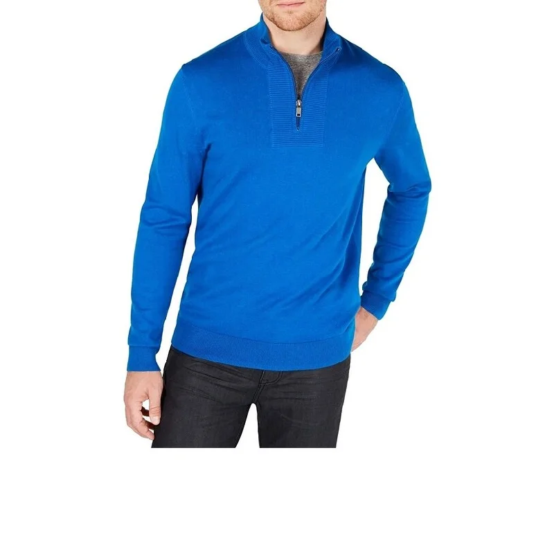 stylish wool sweater for women-Alfani Men's Quarter-Zip Ribbed Placket Sweater Blue Size XL