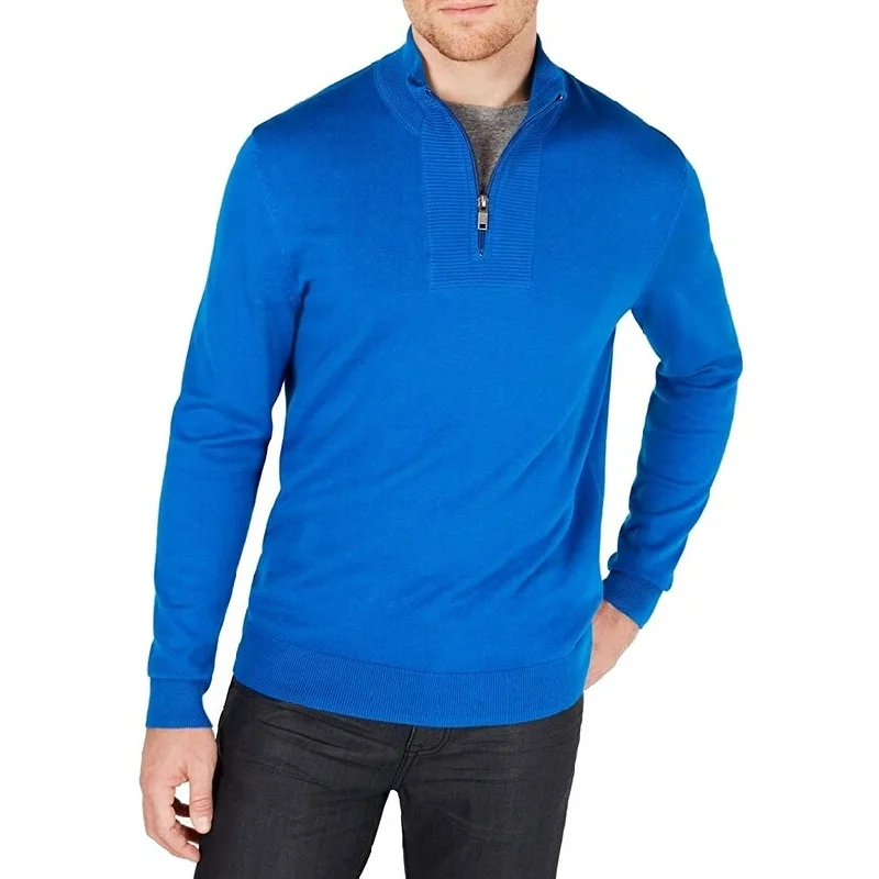 men's long sleeve sweater-Alfani Men's Quarter-Zip Ribbed Placket Sweater Med Blue Size 2 Extra Large