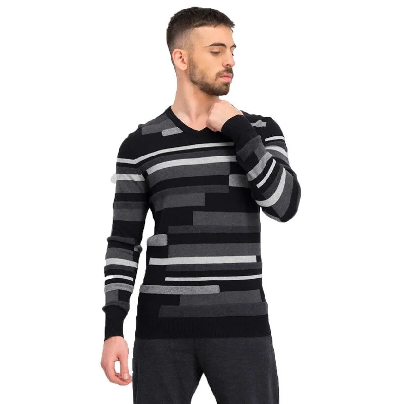 men's sweater for work-Alfani Men's Textured Striped V-Neck Sweater Black Size Small