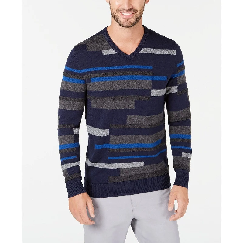 men's grey sweater-Alfani Men's Textured Striped V-Neck Sweater Dark Blue Size 2 Extra Large - XX-Large