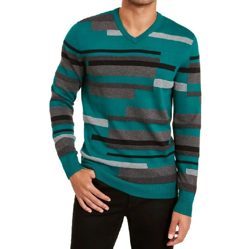 cable knit sweater dress-Alfani Men's Textured Striped V-Neck Sweater Green Size Small