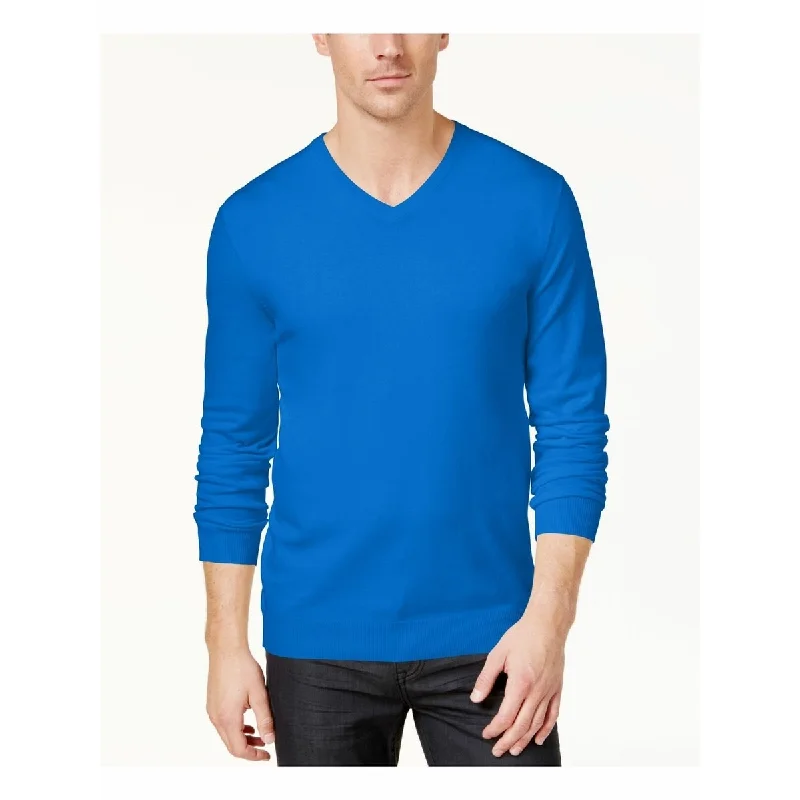 knitted sweater with bold patterns-Alfani Men's V-Neck Sweater Blue Size 3 Extra Large