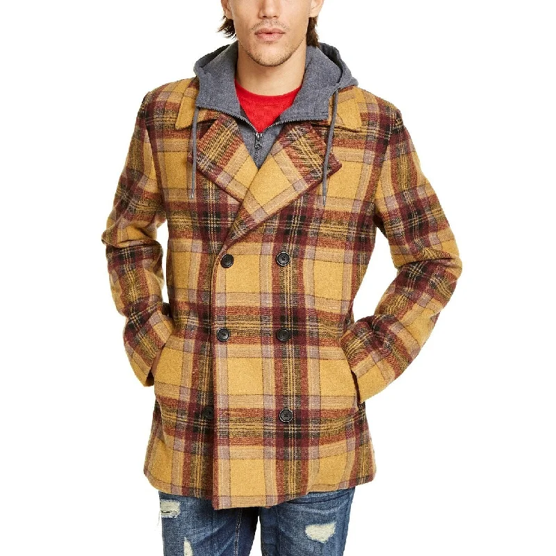 wool sweater for relaxed days-American Rag Men's Sheridan Double-Breasted Plaid Peacoat With Removable Hooded Bib Brown Size Medium