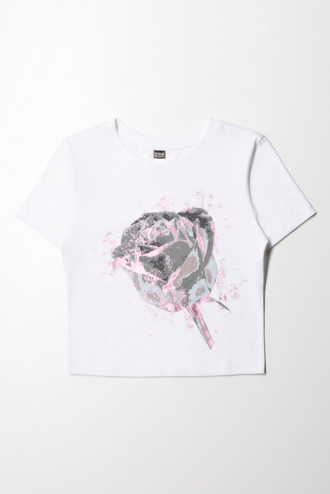 short sleeve workout t-shirt for women -Baby Tee With Big Rose White