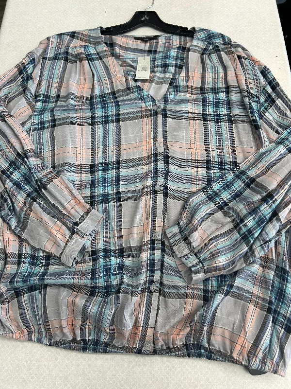 relaxed fit short sleeve t-shirt for kids -Blouse Long Sleeve By Lane Bryant In Plaid, Size: 3x