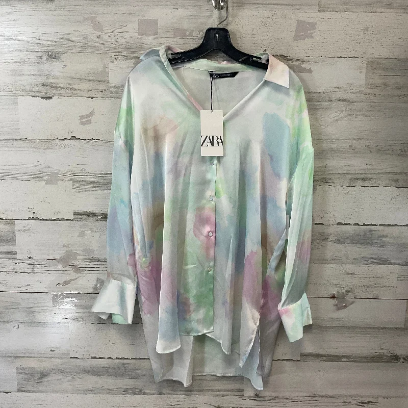 casual short sleeve t-shirt for hanging out -Blouse Long Sleeve By Zara In Green & Pink, Size: S