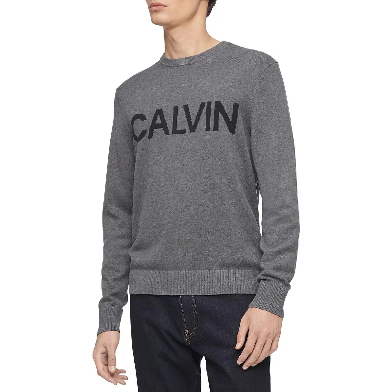 wool sweater for cold climates-Calvin Klein Men's Logo Sweater Gray Size X-Large