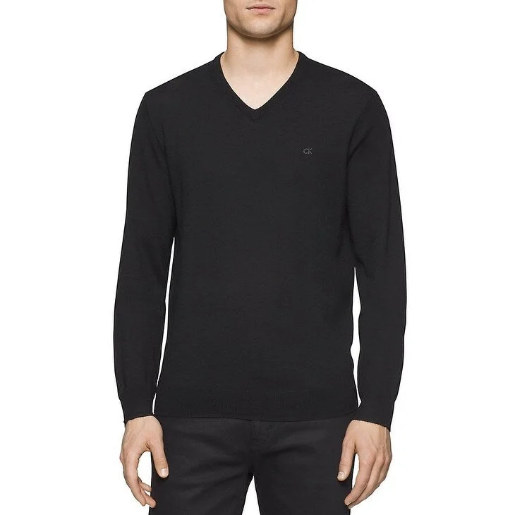 men's grey sweater-Calvin Klein Men's Merino Wool V-Neck Sweater Black Size Small