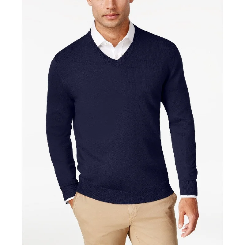 fleece lined sweater for men-Club Room Men's Merino Performance V-Neck Sweater Navy Size 2 Extra Large