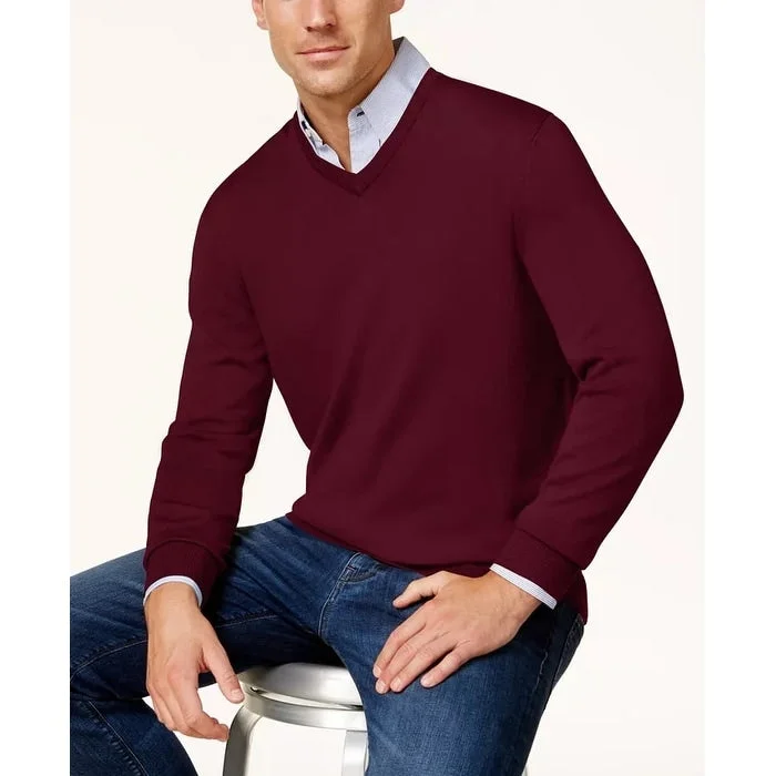 thick wool sweater for winter-Club Room Men's Solid V Neck Merino Wool Blend Sweater Purple Size S - Small