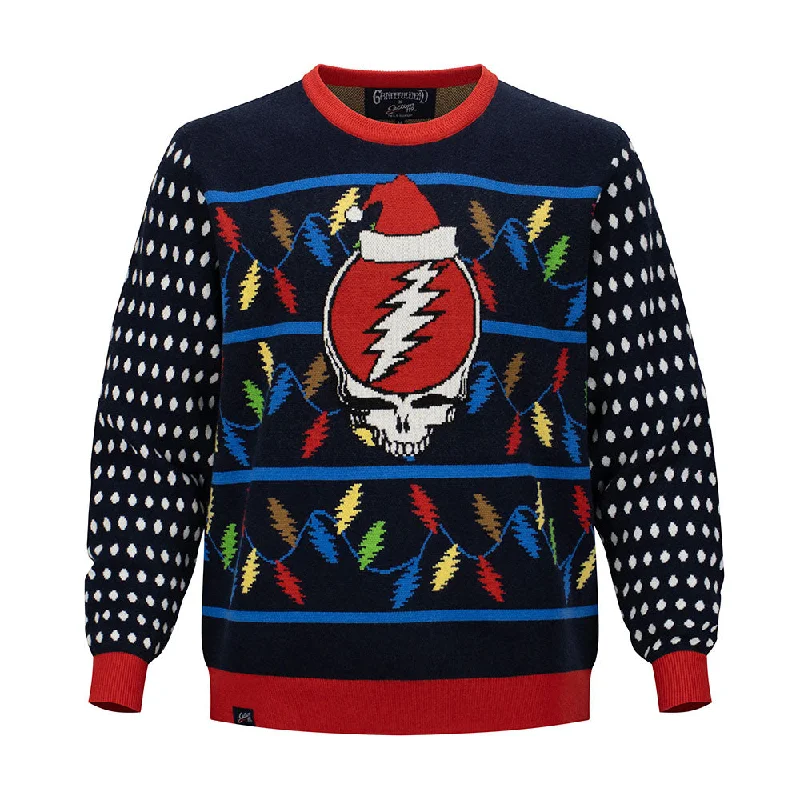 long sleeve cardigan sweater for men-Grateful Dead | Crewneck Holiday Fleece Sweater | Colored Bolt and Party Stealie in Navy