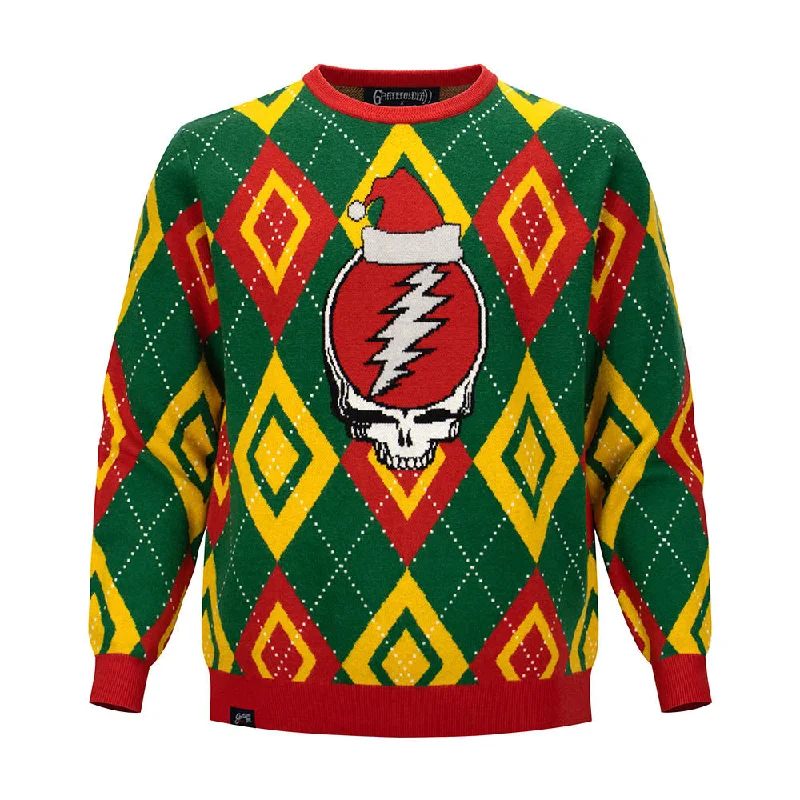 crew neck sweater for women-Grateful Dead | Crewneck Holiday Fleece Sweater| Stealie in Red Diamond Pattern